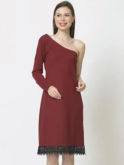 Styvibe Women One Shoulder Botton Lace Detail Dress (Small, Maroon)