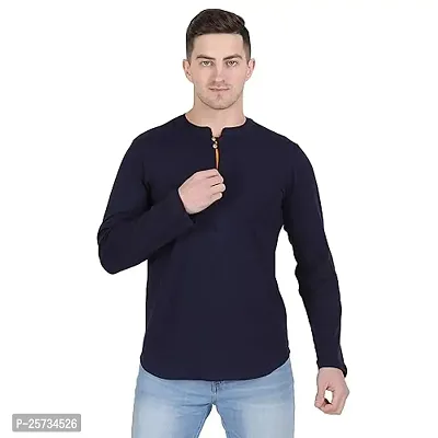 Styvibe Men Navy Henley Neck Cotton Full Sleeve T-Shirt