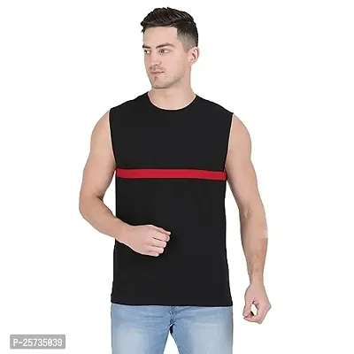 Styvibe Men Black Maroon Contrast Side Panel Round Neck Cotton Sleeveless Vest T-Shirt-thumb0