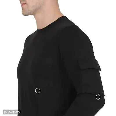 Styvibe Men Black with Patch Pocket Round Neck Cotton Full Sleeve T-Shirt-thumb2