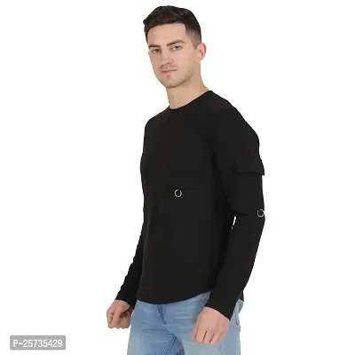 Styvibe Men Black with Patch Pocket Round Neck Cotton Full Sleeve T-Shirt-thumb4