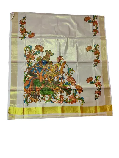 Buy Southloom Women's Kerala Tissue Kasavu Saree With Mural Krishna Radha  Lotus Design at Amazon.in