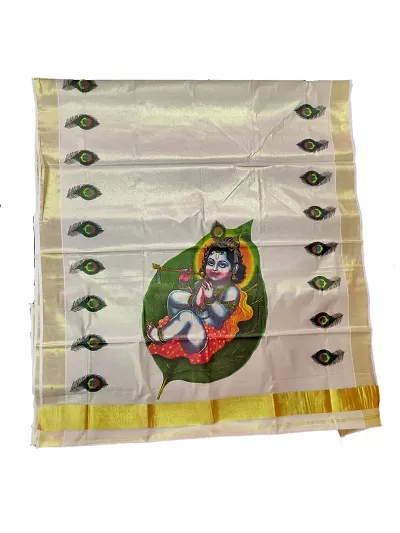 Traditional Golden Tissue Mural Painted Kerala  Sarees