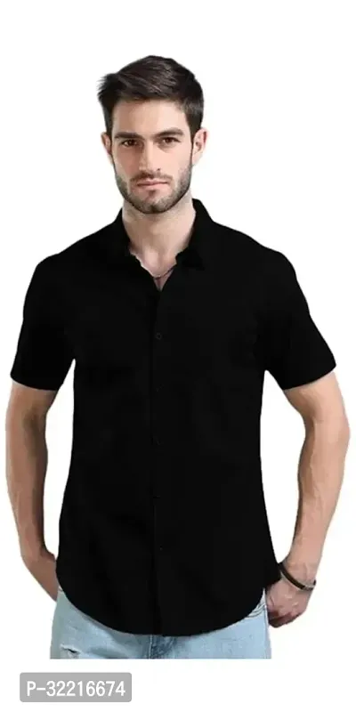 Stylish Black Cotton Solid Regular Fit Short Sleeve Shirt For Men-thumb0