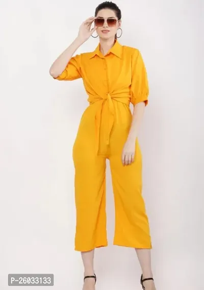 Stylish Yellow Crepe Solid Basic Jumpsuit For Women-thumb0