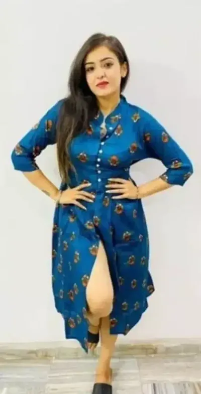 Stylish Blue Cotton Printed Fit And Flare Dress For Women