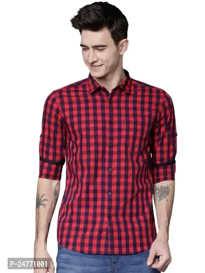 Time Fashion Men's Cotton Full Sleeve Casual Shirt (Red  Blue) - 019