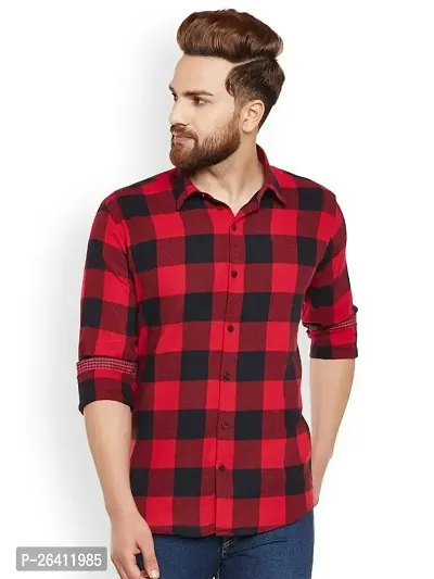 Red Cotton Blend Checkered Casual Shirt For Men