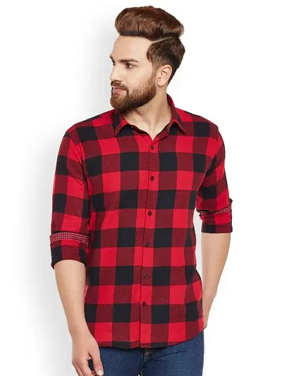 Red Cotton Blend Checkered Casual Shirt For Men