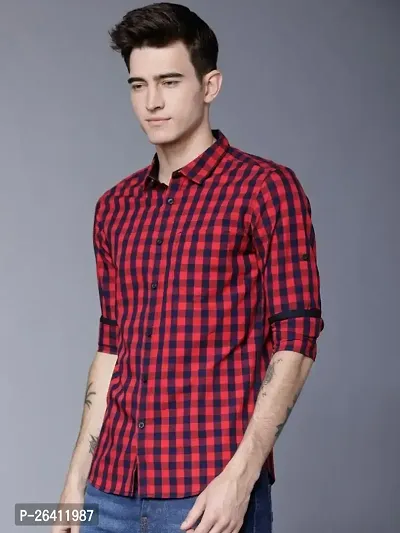 Red Cotton Blend Checkered Casual Shirt For Men