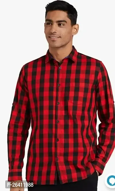 Red Cotton Blend Checkered Casual Shirt For Men