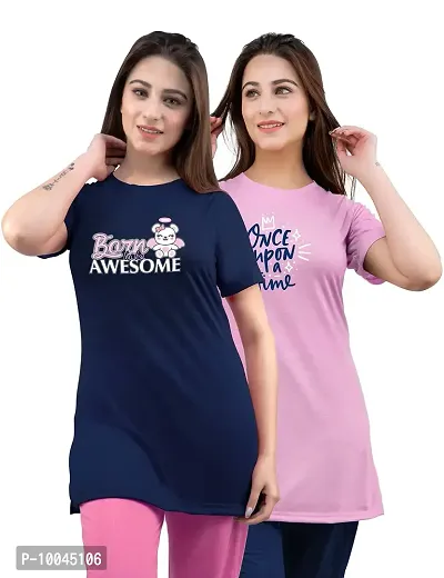 AMAHA Printed Long Tshirt Combo for Women (Large, Navy Blue-Light Pink)