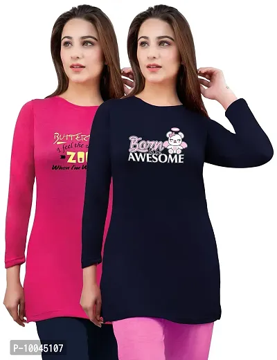 AMAHA Full Sleeve Long Tshirt for Women (XX-Large, Dark Pink-Navy)