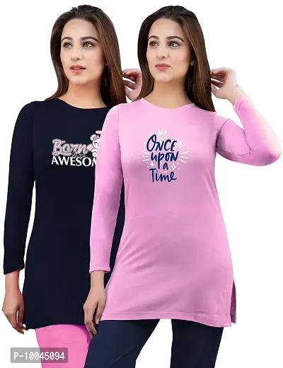 AMAHA Full Sleeve Long Tshirt for Women (XX-Large, Navy-Pink)