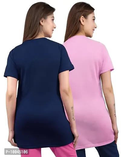 AMAHA Printed Long Tshirt Combo for Women (Large, Navy Blue-Light Pink)-thumb2