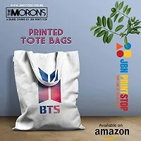 Morons BTS Merchandise Printed Tote Bag | K-Pop Multipurpose Sturdy Shopping Canvas Bag For Women | Eco-Friendly, Reusable, Washable (14 x 16 inch); Pure White; Pack of 1-thumb1