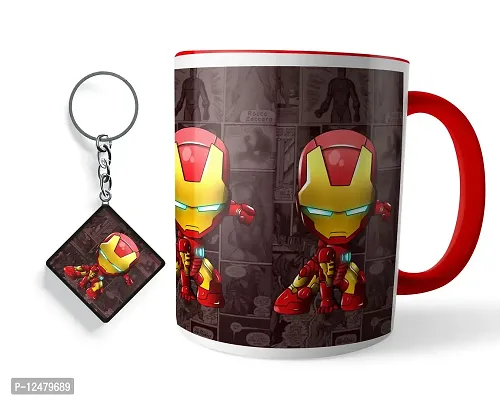 Morons Kid Iron Man Three Tone Red Coffee Mug with Keychain | Marvel Merchandise Red Color Mug and Key Chain Gift Set for Friends | 330 ml, Red; Pack of 2