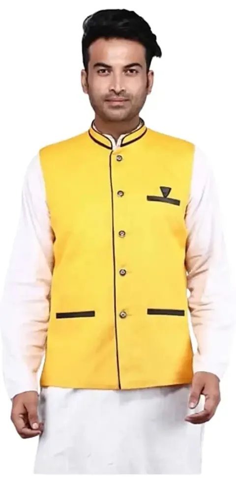 MAKSUD ENTERPRISE Men's Nehru Jacket/Waistcoat/Modi Jacket FabricNehru/Modi Jacket for Men (M, YELLOW)