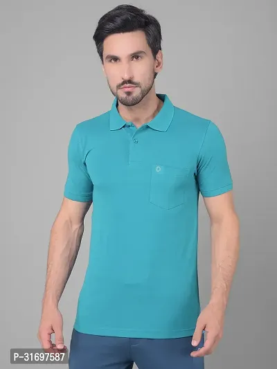 Reliable Blue Cotton Blend Solid Polo T-Shirt For Men