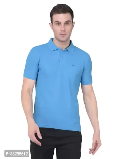 Stylish Blue Cotton Solid Short Sleeves Polos For Men-thumb0