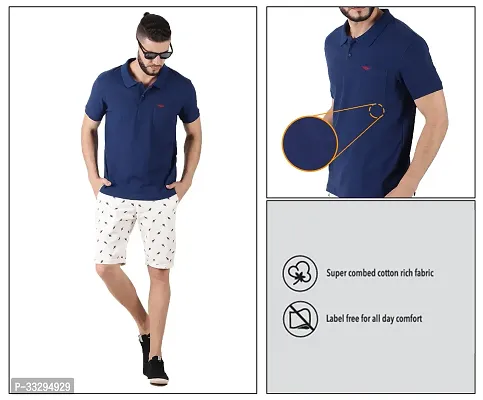 Stylish Blue Cotton Solid Short Sleeves Polos For Men-thumb5