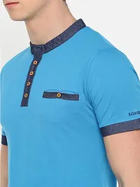 Stunning Blue Cotton Blend Solid Henley Tees For Men-thumb3