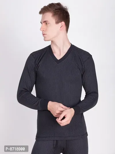 Stylish Black Cotton Blend Solid V-neck Thermal Tops For Men