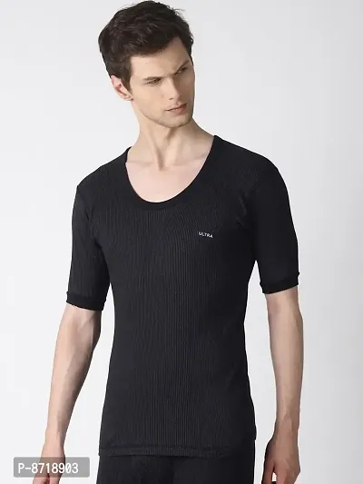 Stylish Black Cotton Blend Solid Round Neck Thermal Tops For Men