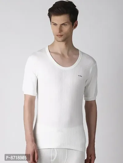 Stylish Off White Cotton Blend Solid Round Neck Thermal Tops For Men