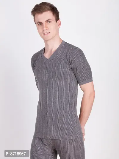 Stylish Grey Cotton Blend Solid V-neck Thermal Tops For Men-thumb3