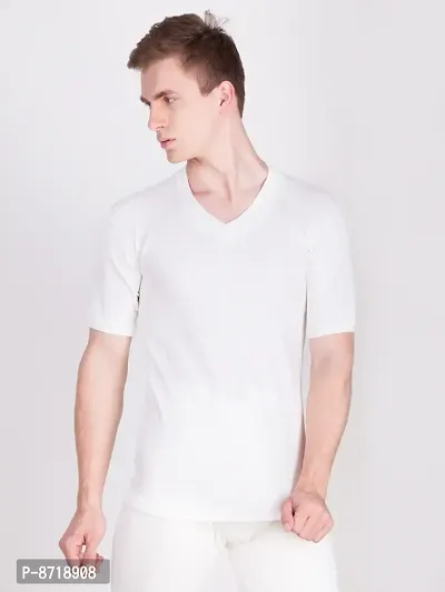 Stylish Off White Cotton Blend Solid V-neck Thermal Tops For Men