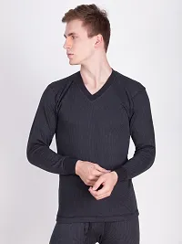 Stylish Black Cotton Blend Solid V-neck Thermal Set For Men-thumb3