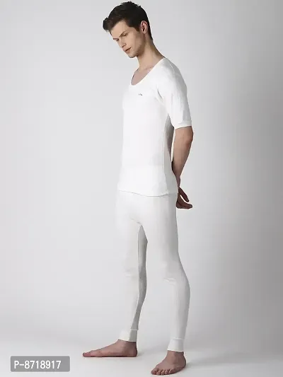 Stylish Off White Cotton Blend Solid Round Neck Thermal Set For Men