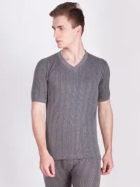 Stylish Grey Cotton Blend Solid V-neck Thermal Set For Men-thumb3