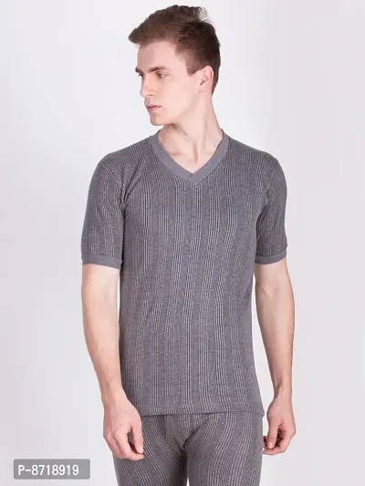 Stylish Grey Cotton Blend Solid V-neck Thermal Set For Men-thumb4