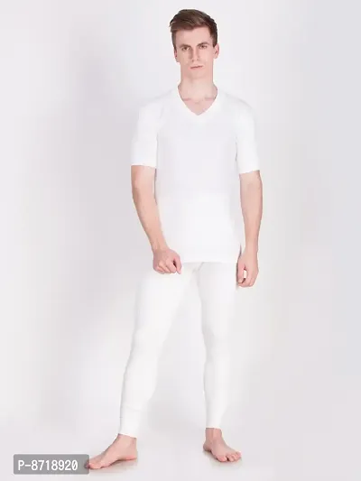Stylish Off White Cotton Blend Solid V-neck Thermal Set For Men