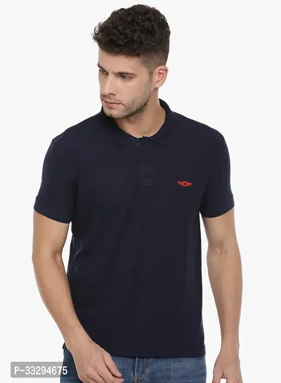 Stylish Navy Blue Cotton Solid Short Sleeves Polos For Men