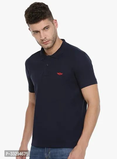 Stylish Navy Blue Cotton Solid Short Sleeves Polos For Men-thumb3