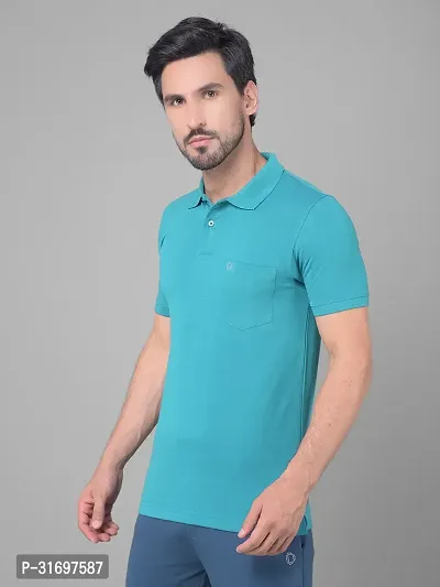 Reliable Blue Cotton Blend Solid Polo T-Shirt For Men-thumb3