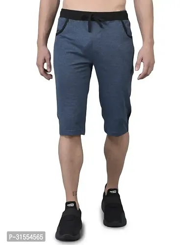 Comfortable Blue Cotton Blend 3/4th Shorts For Men-thumb0