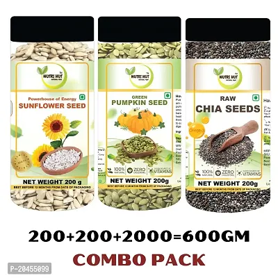 Nutri Hut SuperSeed Trio Pack features sunflower seeds, pumpkin seeds, and chia seeds, offering a diverse range of health-boosting elements