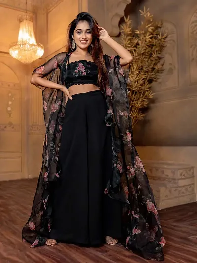 Elegant Printed Georgette Top with Palazzo And Shrug Set