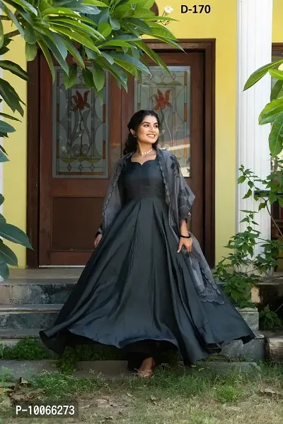 Attractive Taffeta Silk Grey Solid Flared Gown With Dupatta For Women