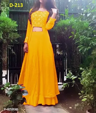 Stylish Yellow Georgette Embroidered Stitched Gown with Bottom Set For Women-thumb3