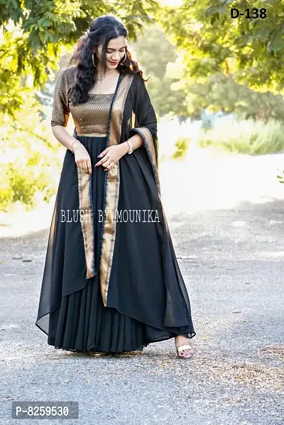 Stylish Black Taffeta Silk Woven Design Stitched Gown with Dupatta Set For Women