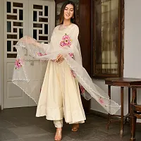 Stylish Cream Woven Design Taffeta Silk Gown with Bottom And Dupatta Set For Women-thumb1