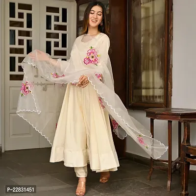 Stylish Cream Woven Design Taffeta Silk Gown with Bottom And Dupatta Set For Women-thumb2