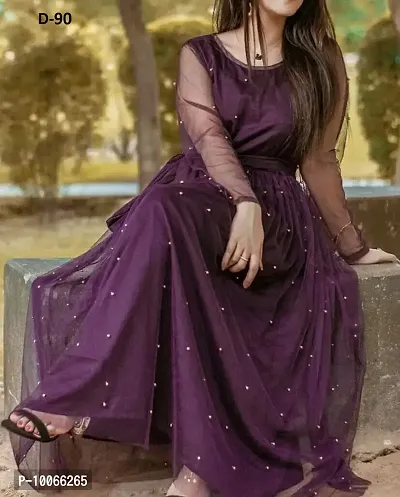 Attractive Net Purple Solid Flared Gown For Women-thumb0
