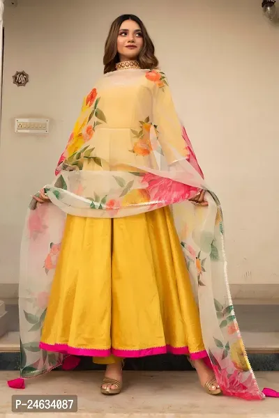 Beautiful Anarkali Yellow Embroidered Taffeta Silk Kurta Pant with Dupatta For Women-thumb2