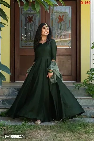 Attractive Taffeta Silk Green Solid Flared Gown With Dupatta For Women